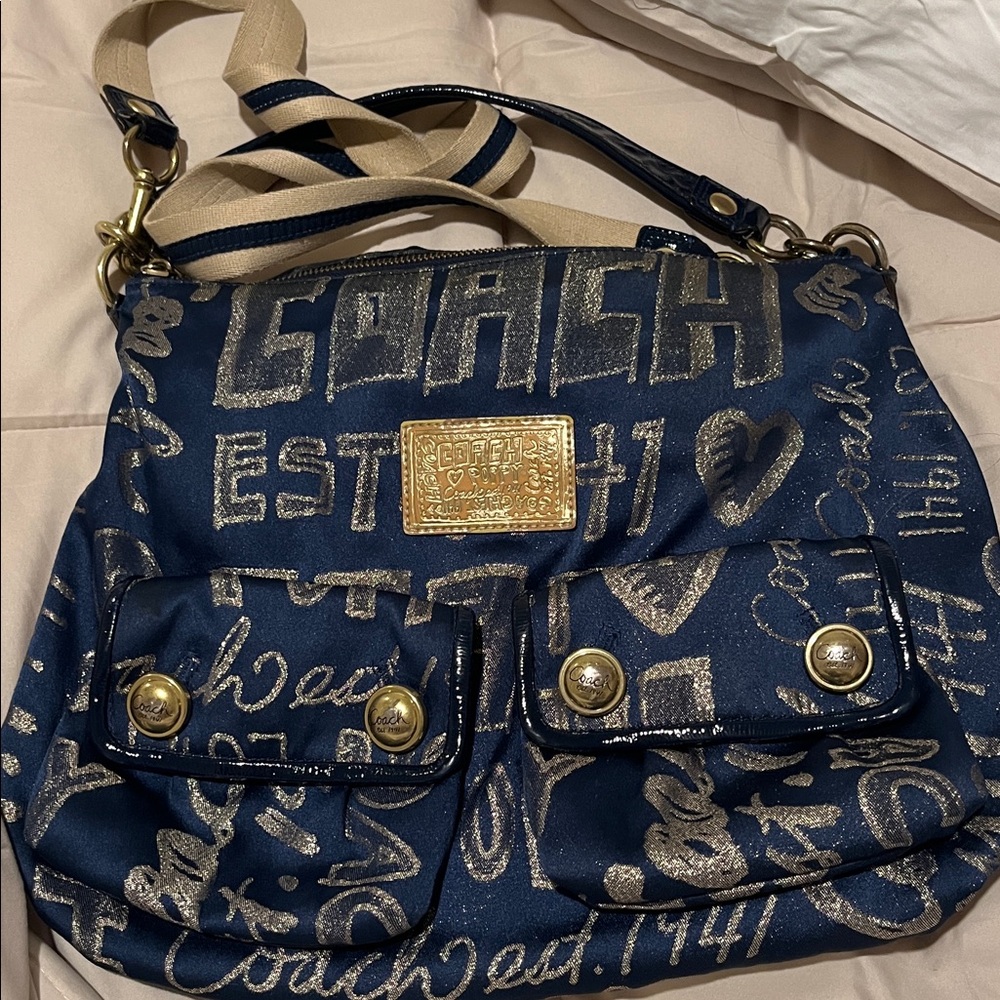 Coach Navy and Gold Graphic Shoulder Bag